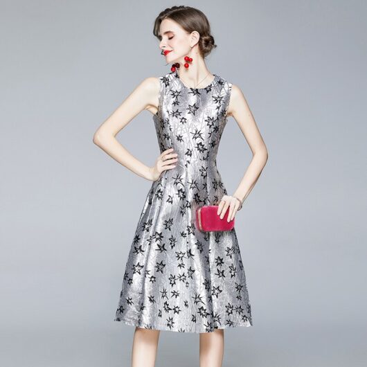 Vintage Hepburn Jacquard Floral Embroidery Midi Dress