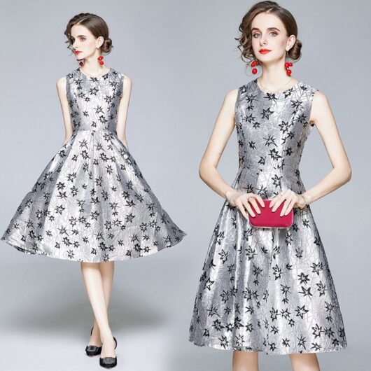 Vintage Hepburn Jacquard Floral Embroidery Midi Dress