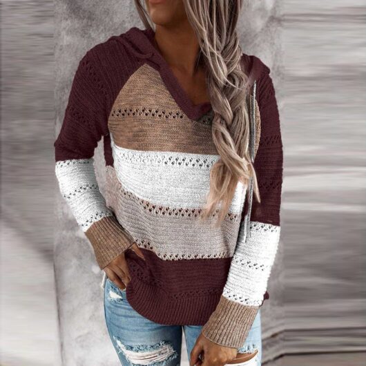 V-Neck Patchwork Hooded Sweater