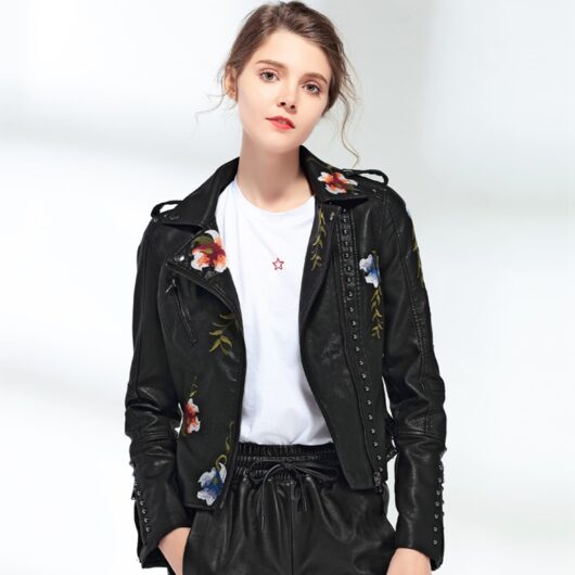 Leather Jacket with Floral Embroidery