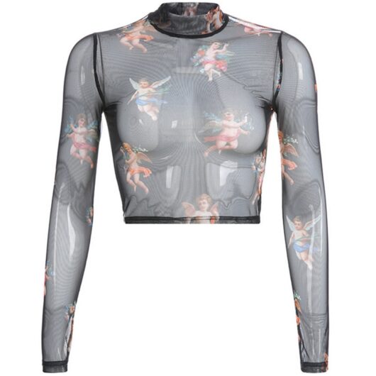 Black Transparent Mesh Top with Angels