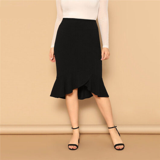 Black Asymmetrical Plus Size Midi Skirt