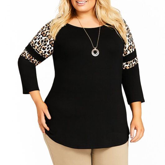 Black Leopard Plus Size Long Sleeve Shirt